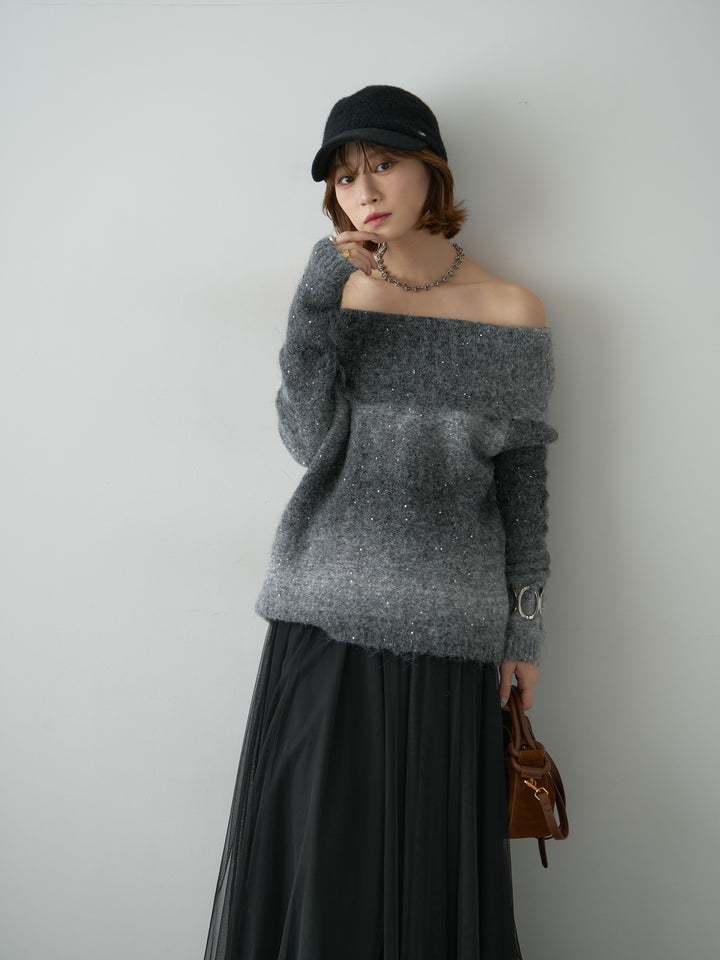 [予約]オフショルグラデーションニットトップス/gray