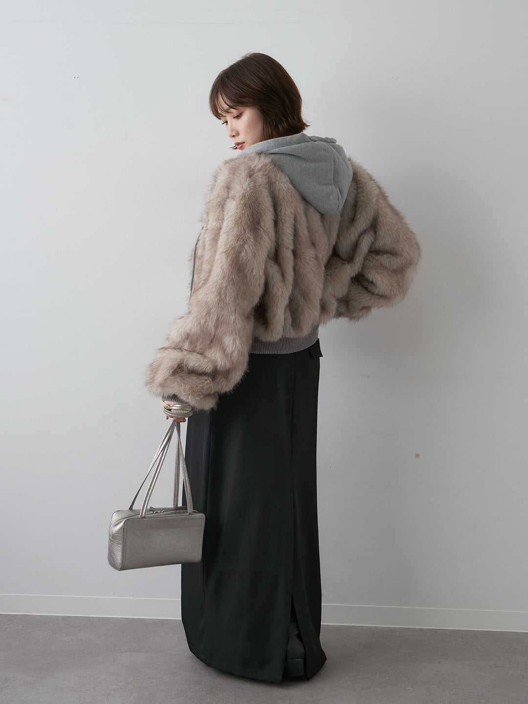 [SET]スウェットファードッキングフードブルゾン+スクエアネックリブニットトップス+ラップIラインスカート(3set)