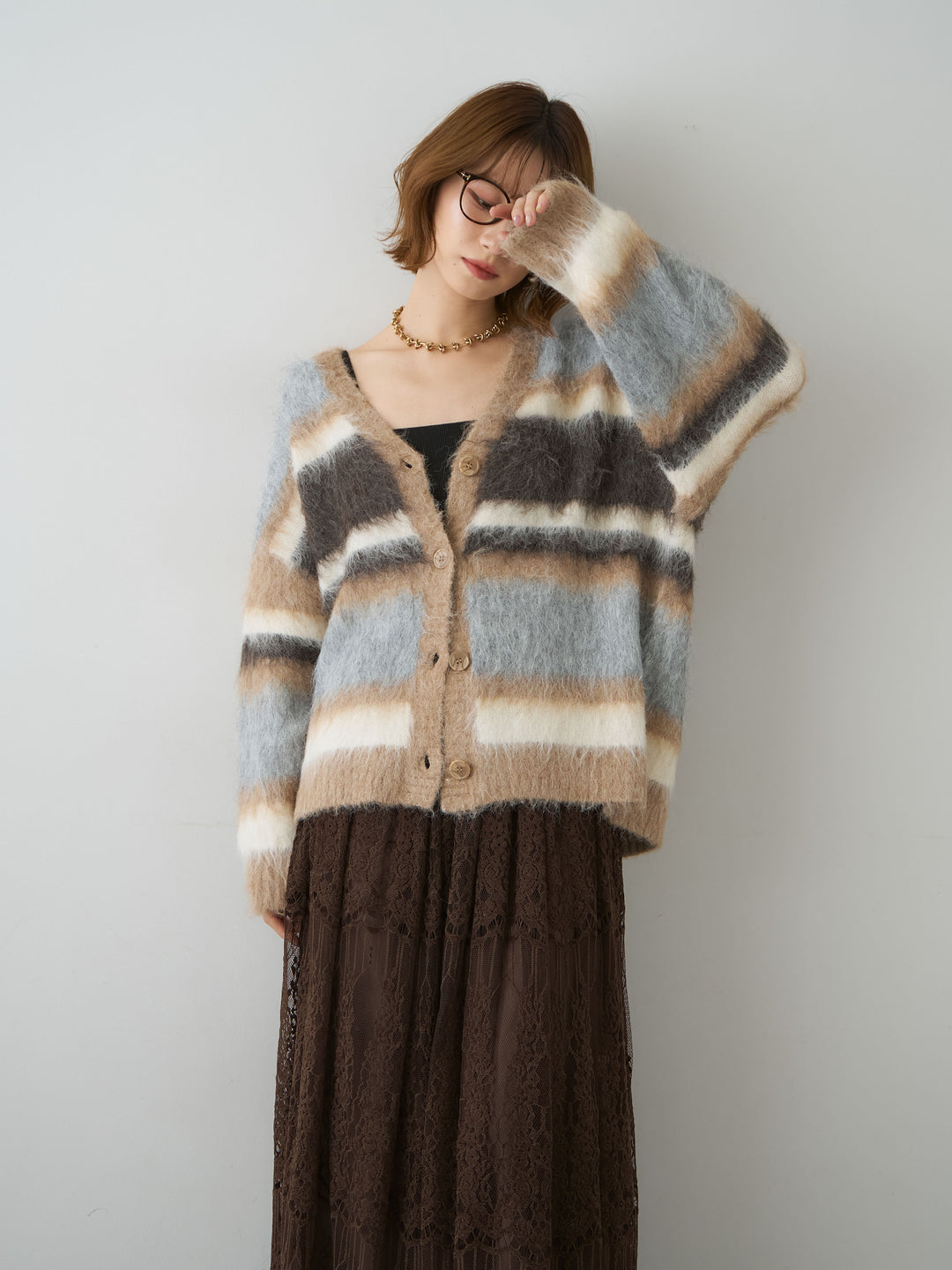 [予約]カラフルシャギーボーダーカーディガン/beige