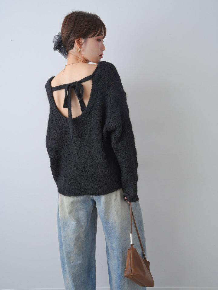 [予約]前後2WAY透かし編みケーブルニットトップス/black