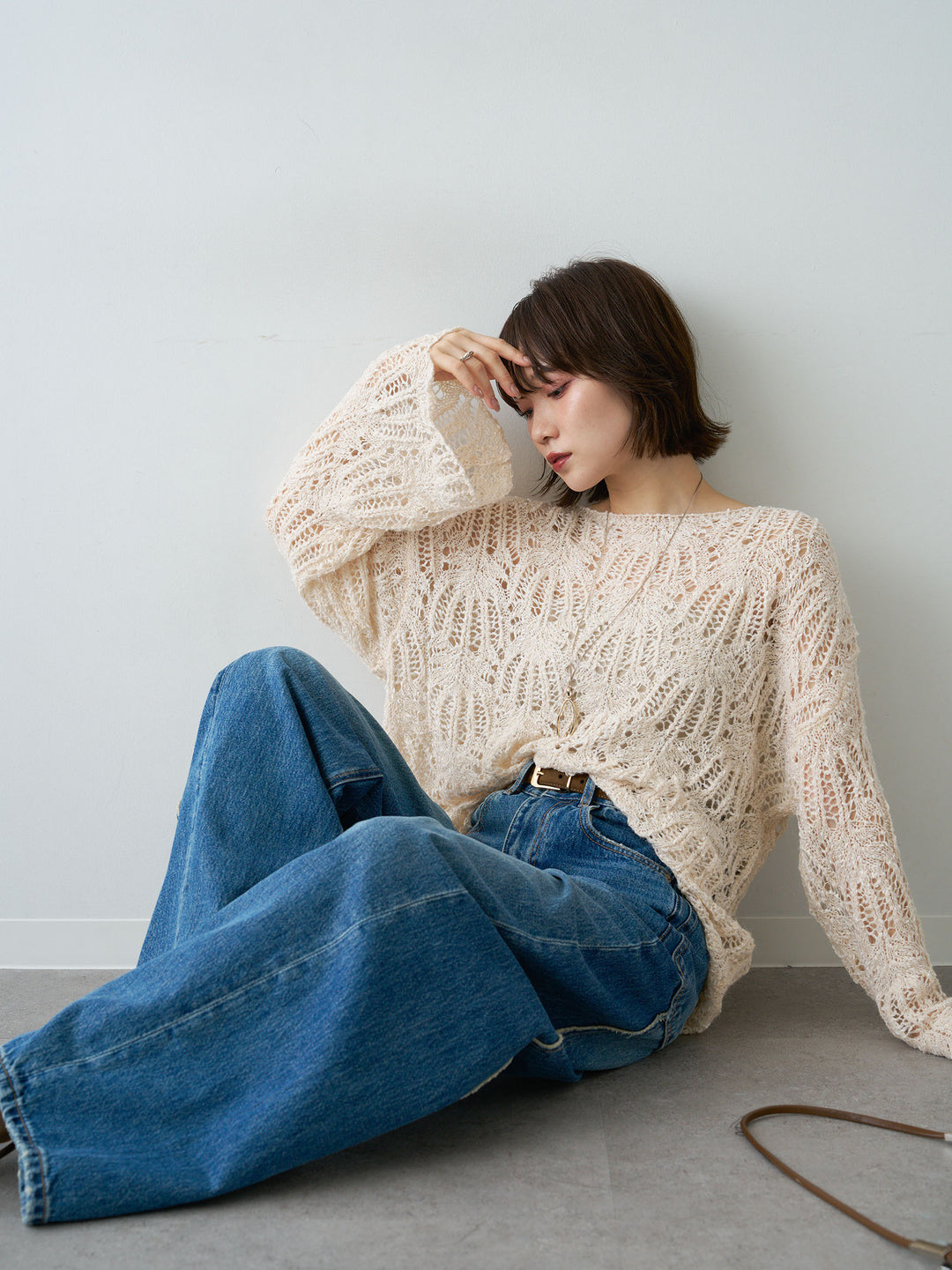 [予約]ミックスループ透かし編みニットトップス/ivory