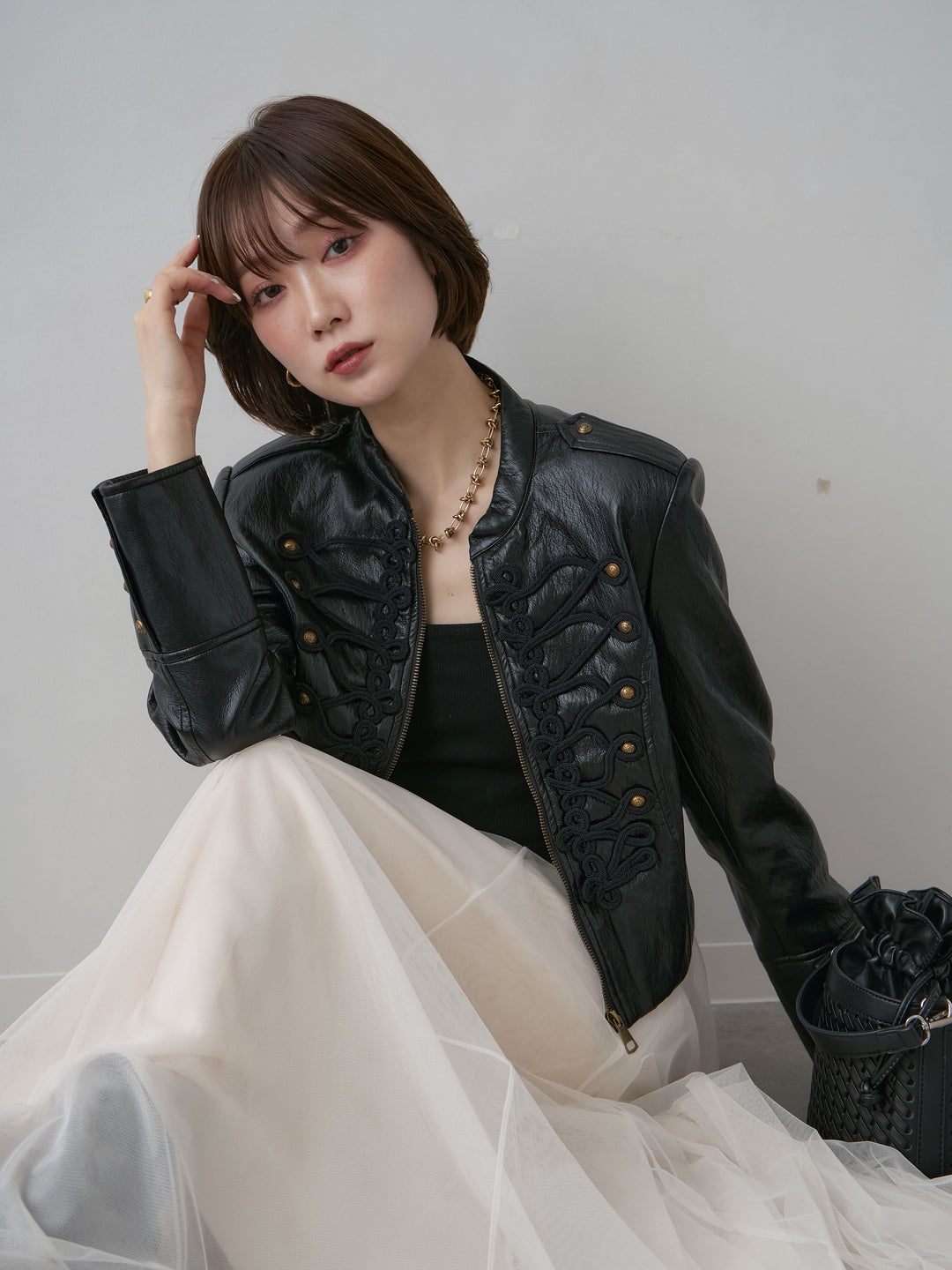 [SET]ナポレオンショートレザージャケット+チュールボリュームスカート(2set)