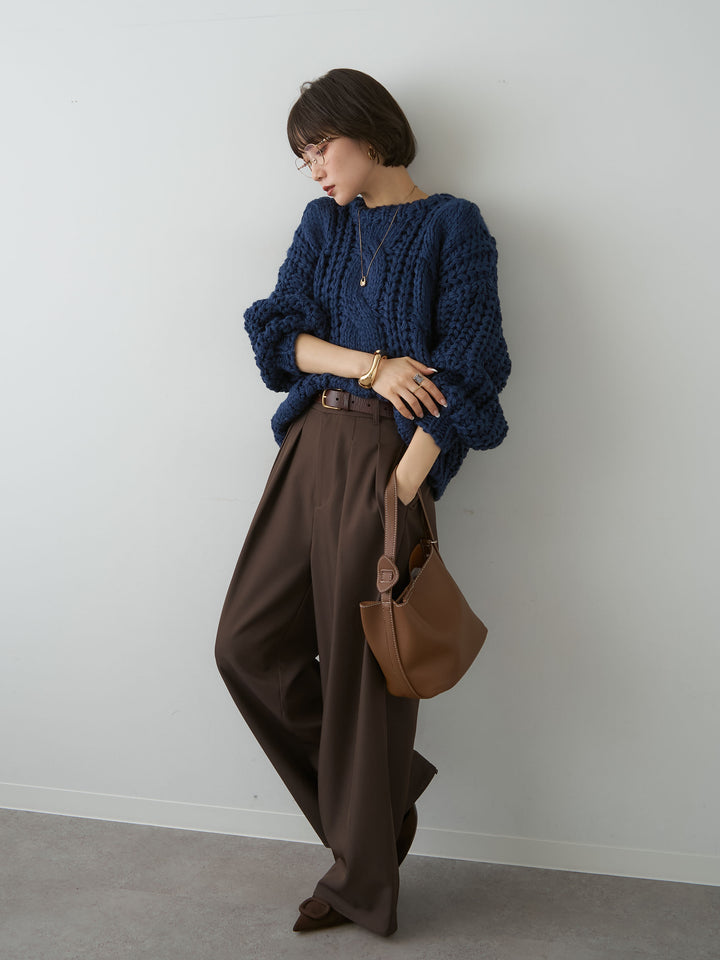 [SET]ボリュームケーブルニットプルオーバー+ツイルタックワイドパンツ(2set)