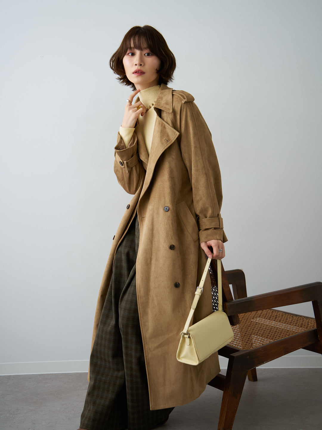 [SET]スウェードタッチロングトレンチコート+チェックサイドベルトデザインタックパンツ(2set)