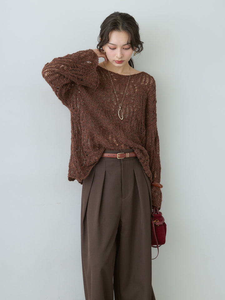 [予約]ミックスループ透かし編みニットトップス/brown