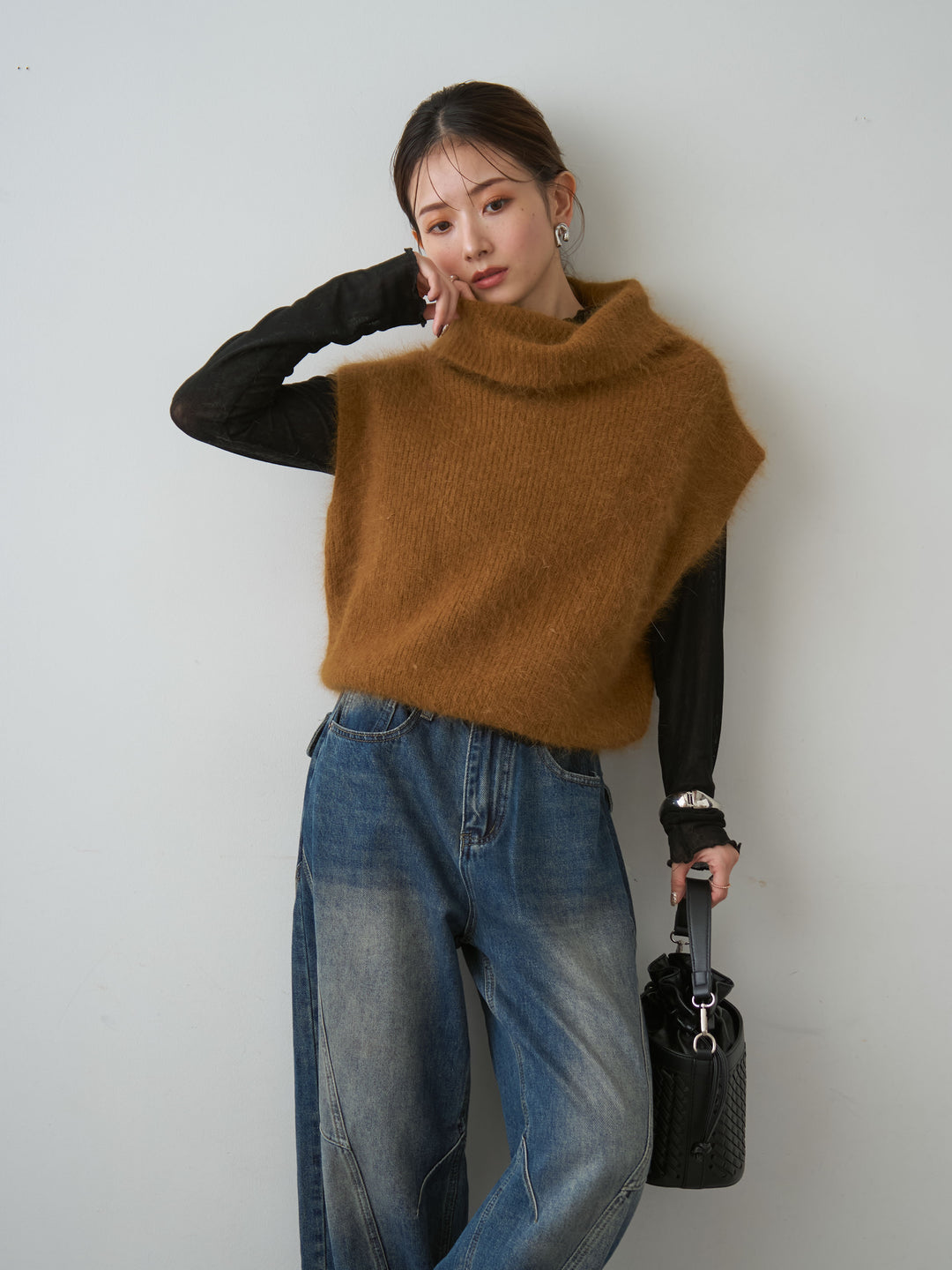 [予約]シャギータートルニットベスト/camel