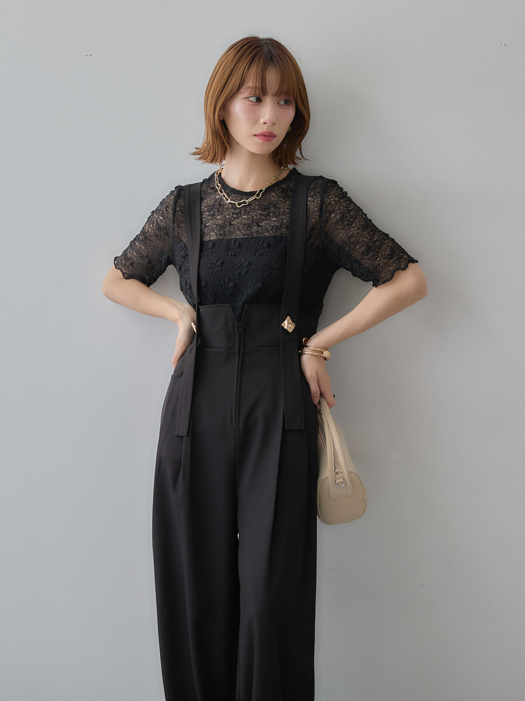 [予約]フラワーモチーフレーストップス/black