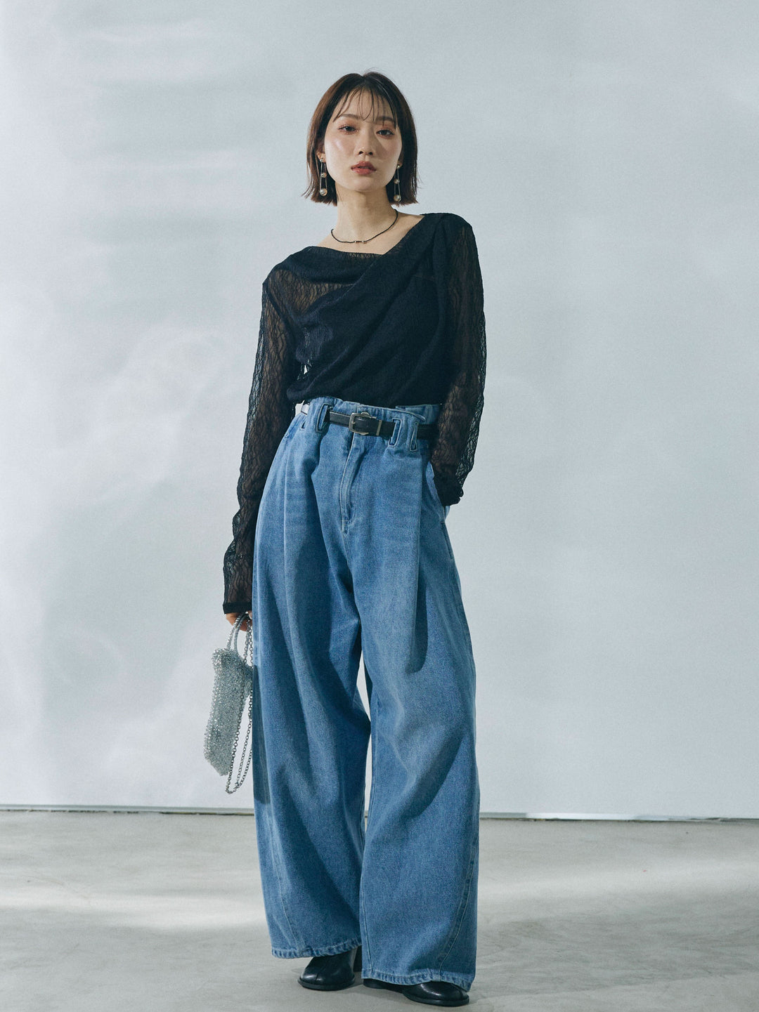 [予約]ストレッチレースドレープトップス/black