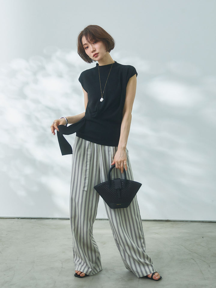 [予約]サイドベルトボトルネックノースリーブニットトップス/black