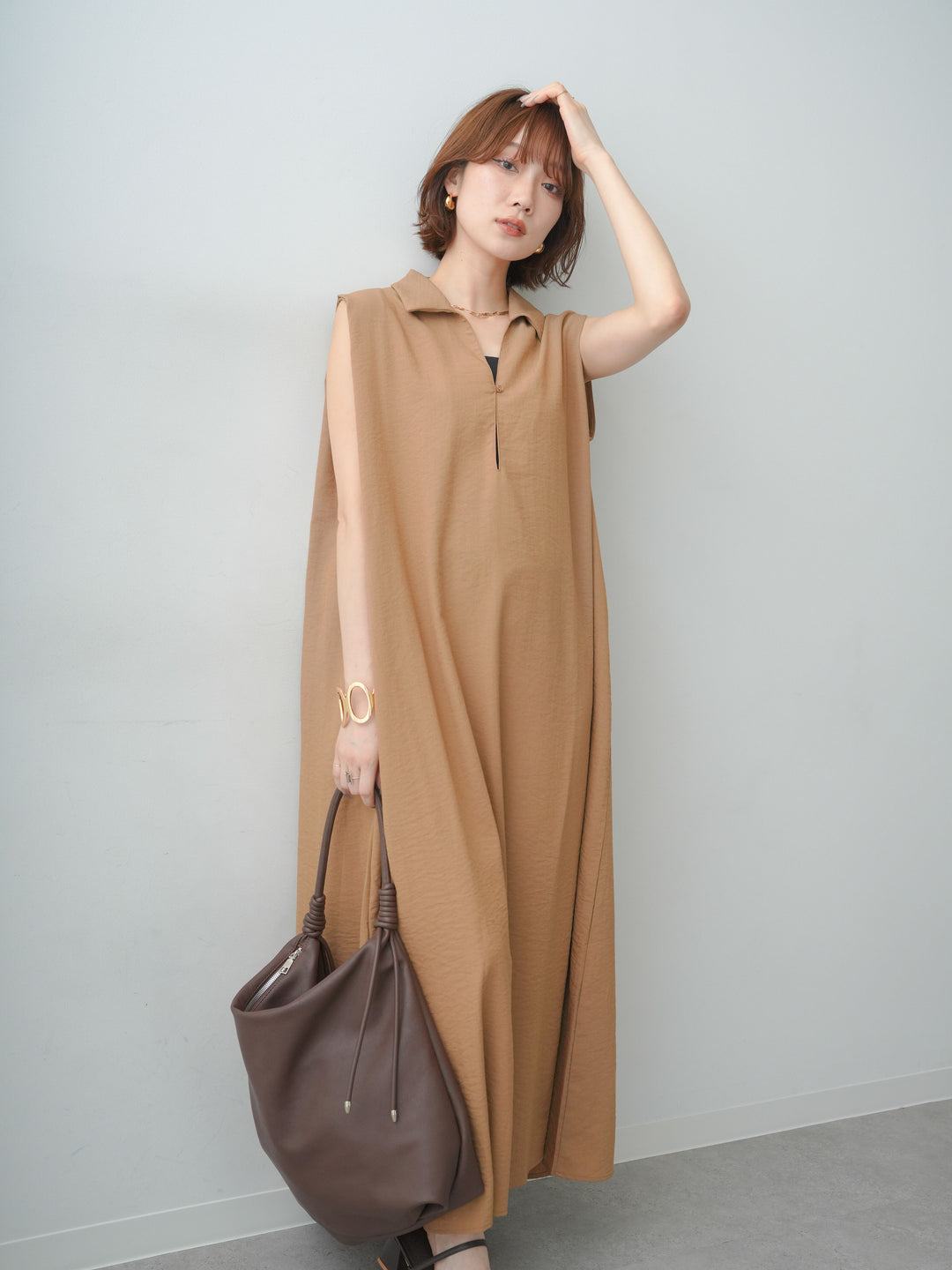 [予約]リネンライクスキッパーショルダータックワンピース/mocha