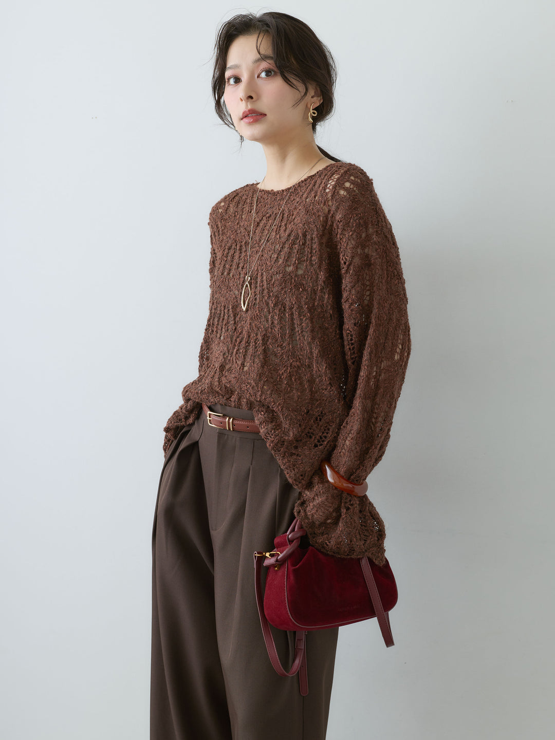 [予約]ミックスループ透かし編みニットトップス/brown