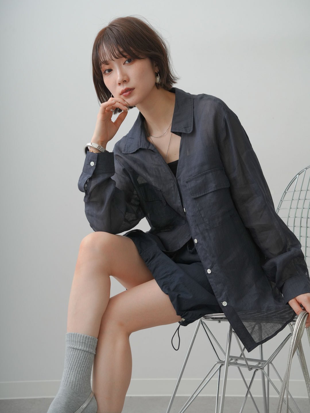[予約]シアーWポケットオーバーシャツ/navy