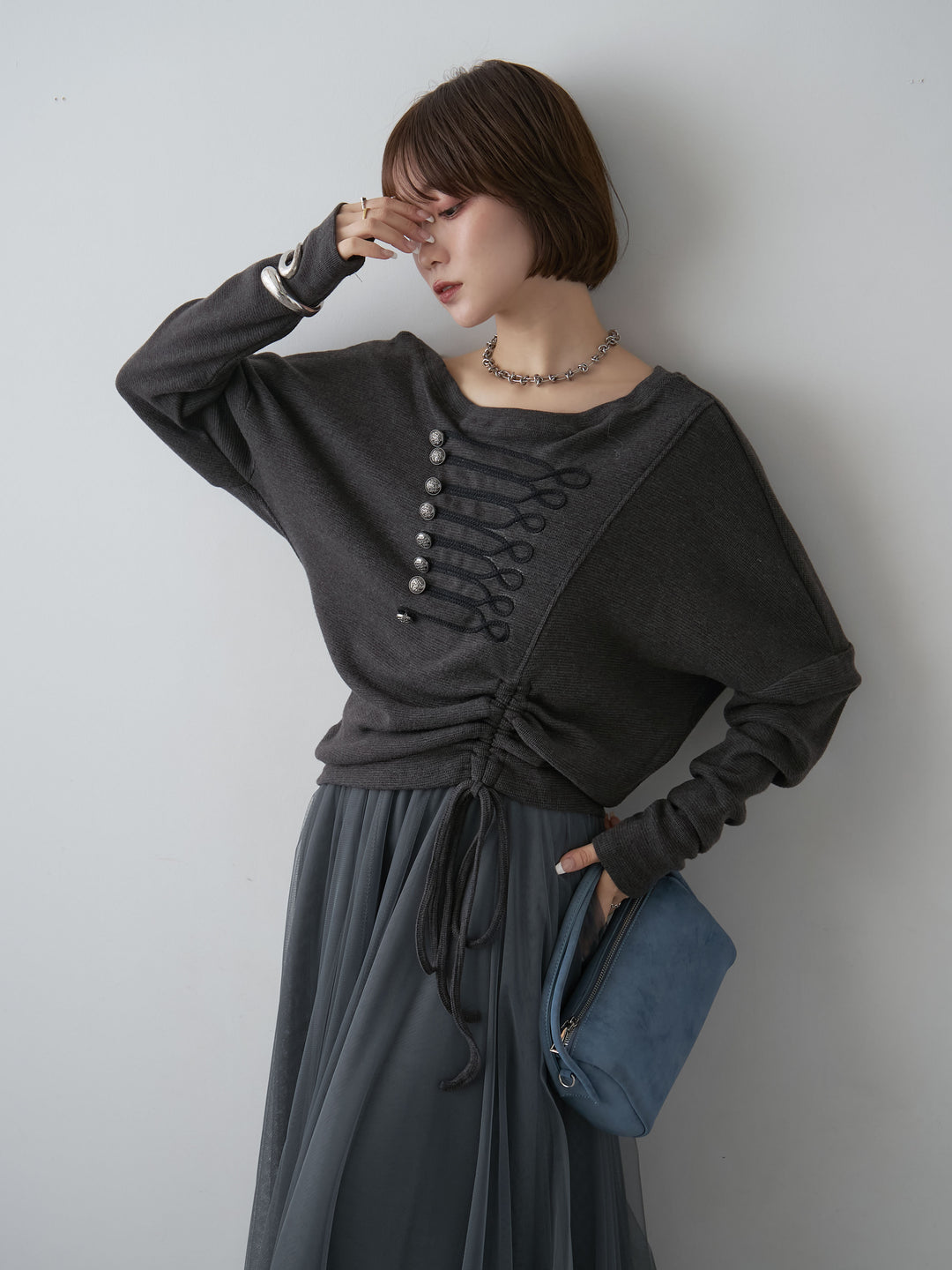 [予約]ナポレオンサイドギャザーワイドネックトップス/gray