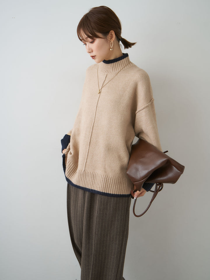 [予約]センターラインバイカラーワイドニットトップス/beige