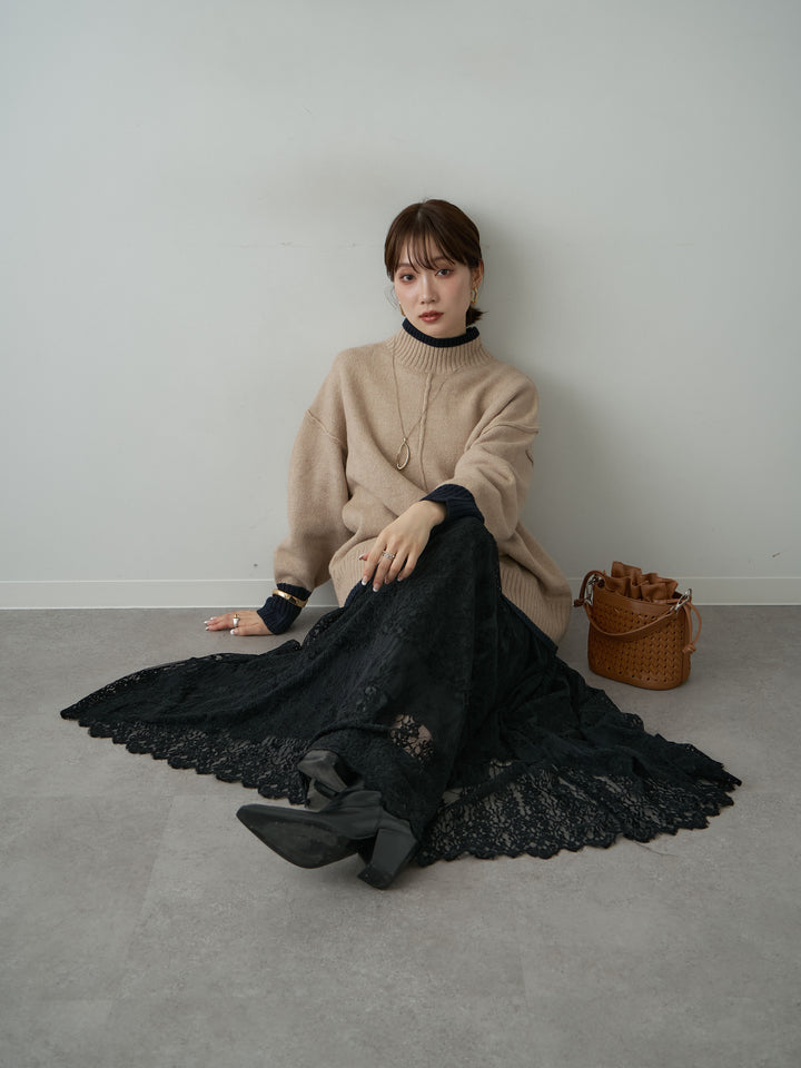 [予約]センターラインバイカラーワイドニットトップス/beige