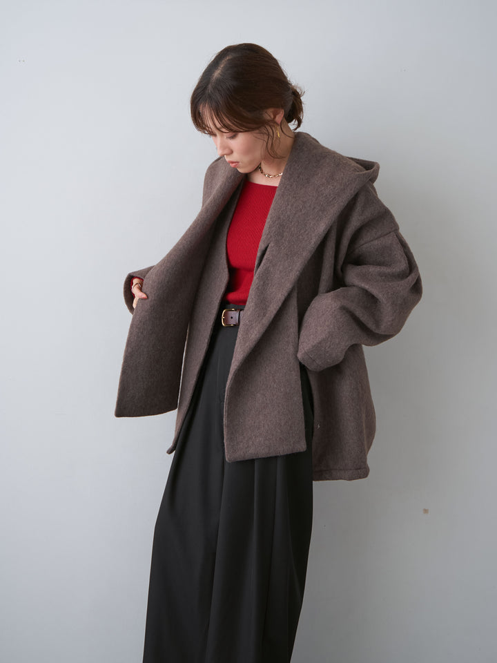 [SET]フードマフ付メランジコート+ツイルタックワイドパンツ(2set)