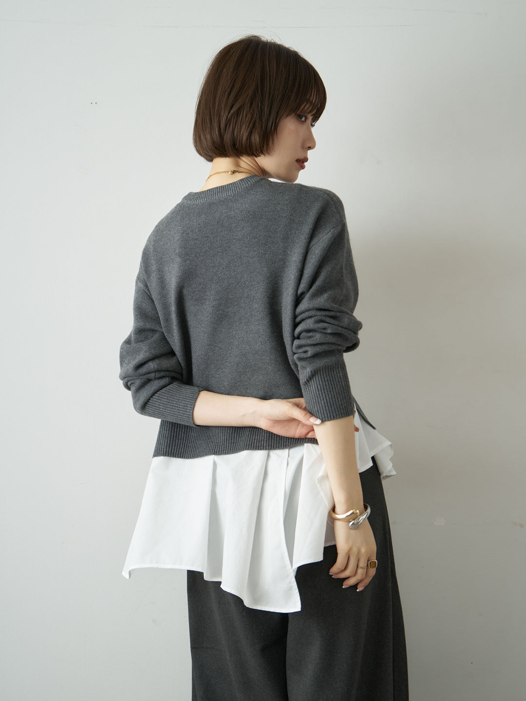 [SET]アシンメトリーシャツレイヤードニットプルオーバー+ダブルタックドレープストレートワイドパンツ(2set)