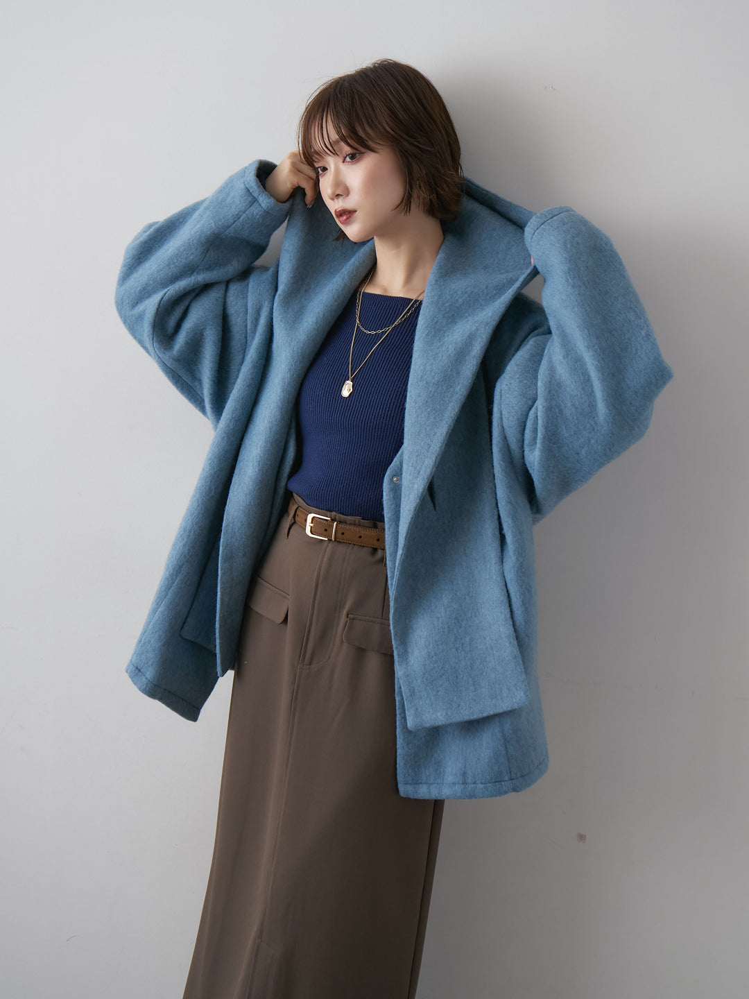[SET]フードマフ付メランジコート+クレープデシンフラップ付きストレートスカート(2set)