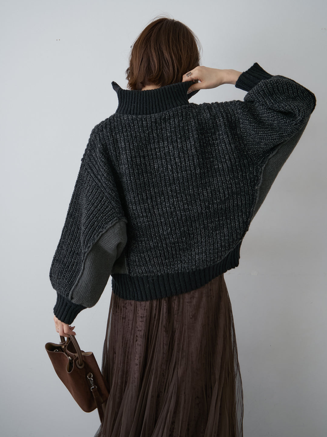 [予約]バイカラーハーフジップリブニットトップス/black