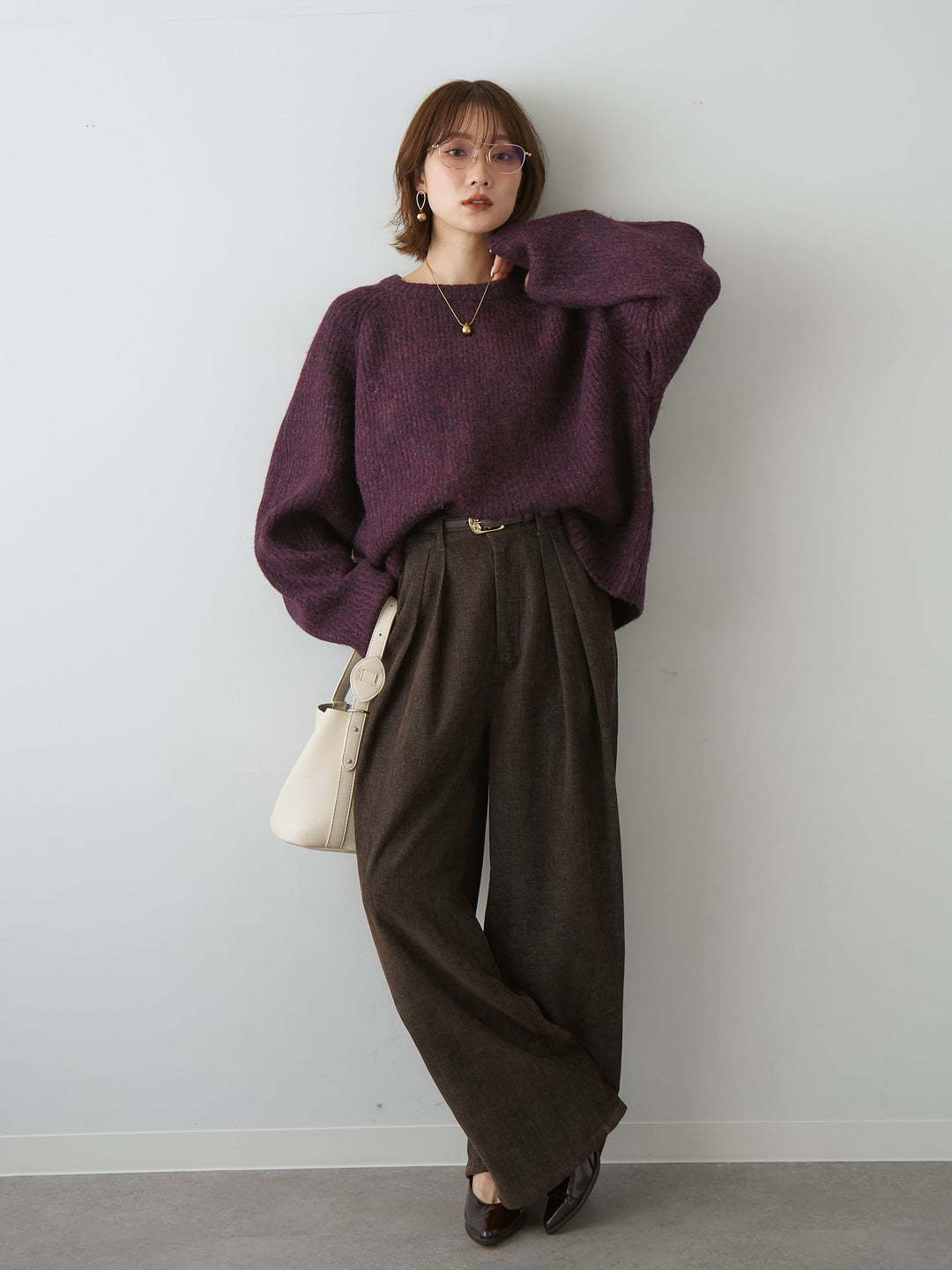 [SET]メランジクルーネックワイドプルオーバー+ベロアデニムタックワイドパンツ(2set)