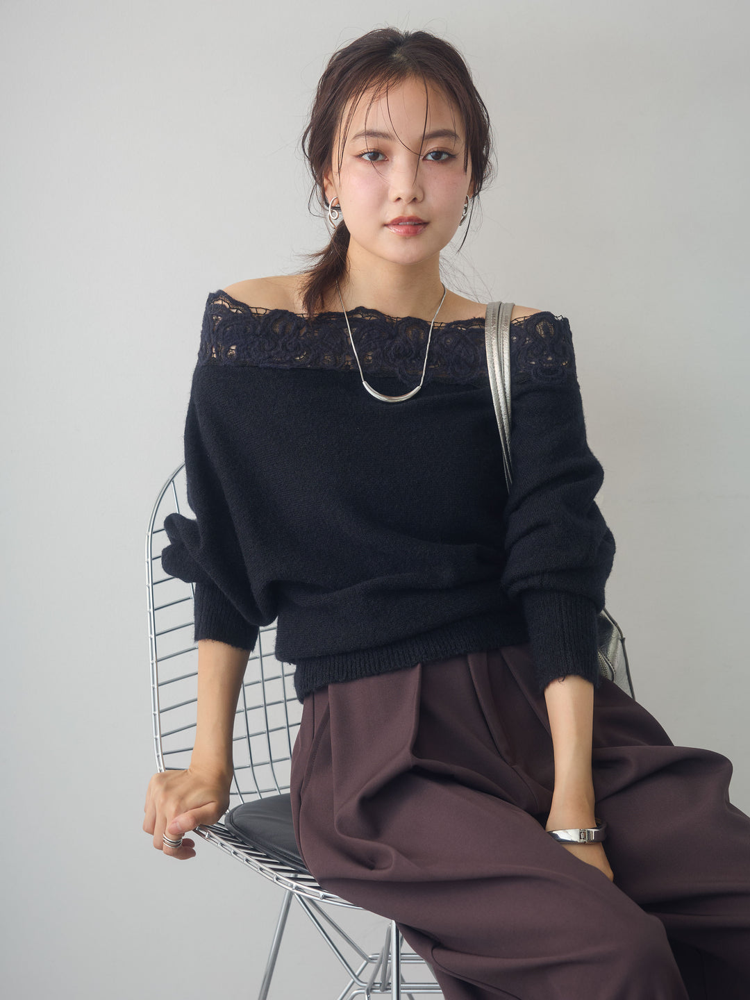 [予約]ショルダーレースオフショルニットトップス/black
