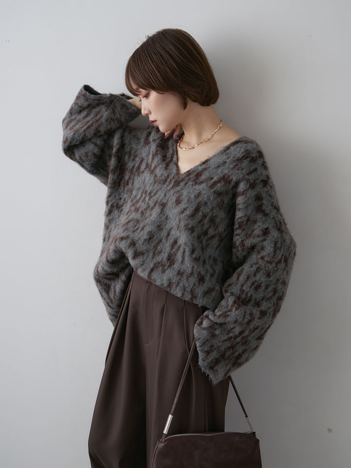 [SET]レオパードVネックシャギーニットトップス+ツイルタックワイドパンツ(2set)