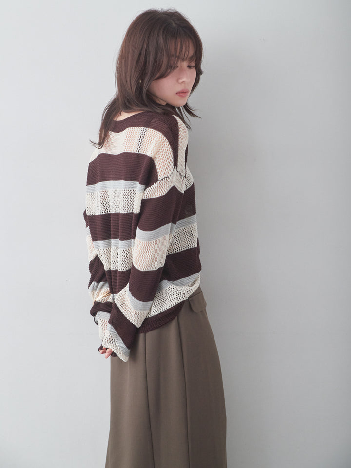[予約]マルチボーダーメッシュニットトップス/brown
