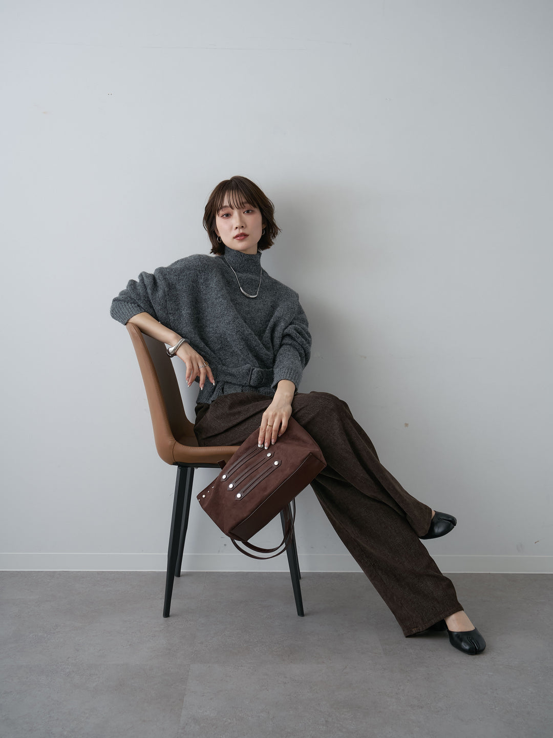 [予約]ウエストベルトハイネックニットトップス/darkgray