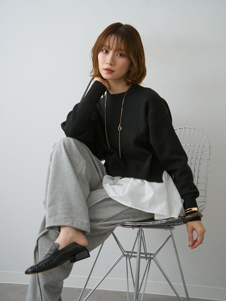 [予約]アシンメトリーシャツレイヤードニットプルオーバー/black