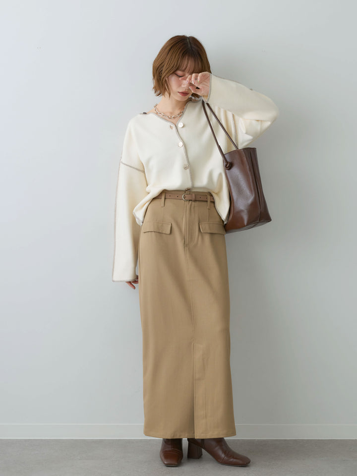 [SET]バイカラーステッチメタルボタンカーディガン+クレープデシンフラップ付きストレートスカート(2set)