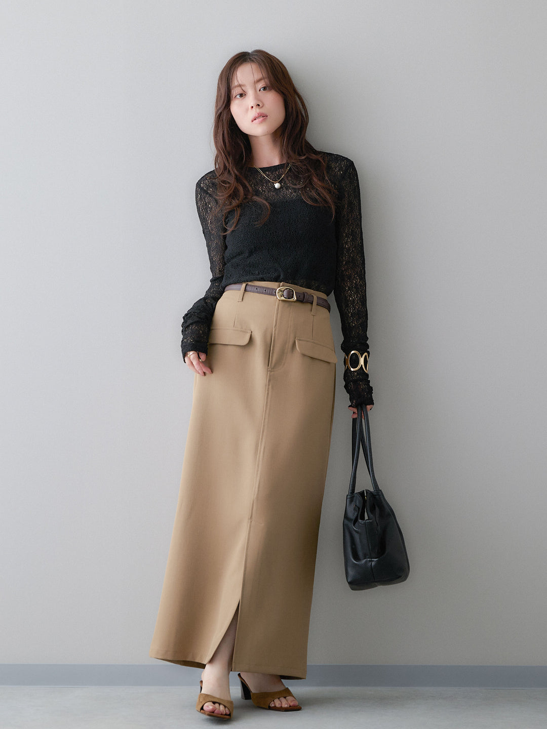 [SET]メッシュレースバックオープントップス+クレープデシンフラップ付きストレートスカート(2set)