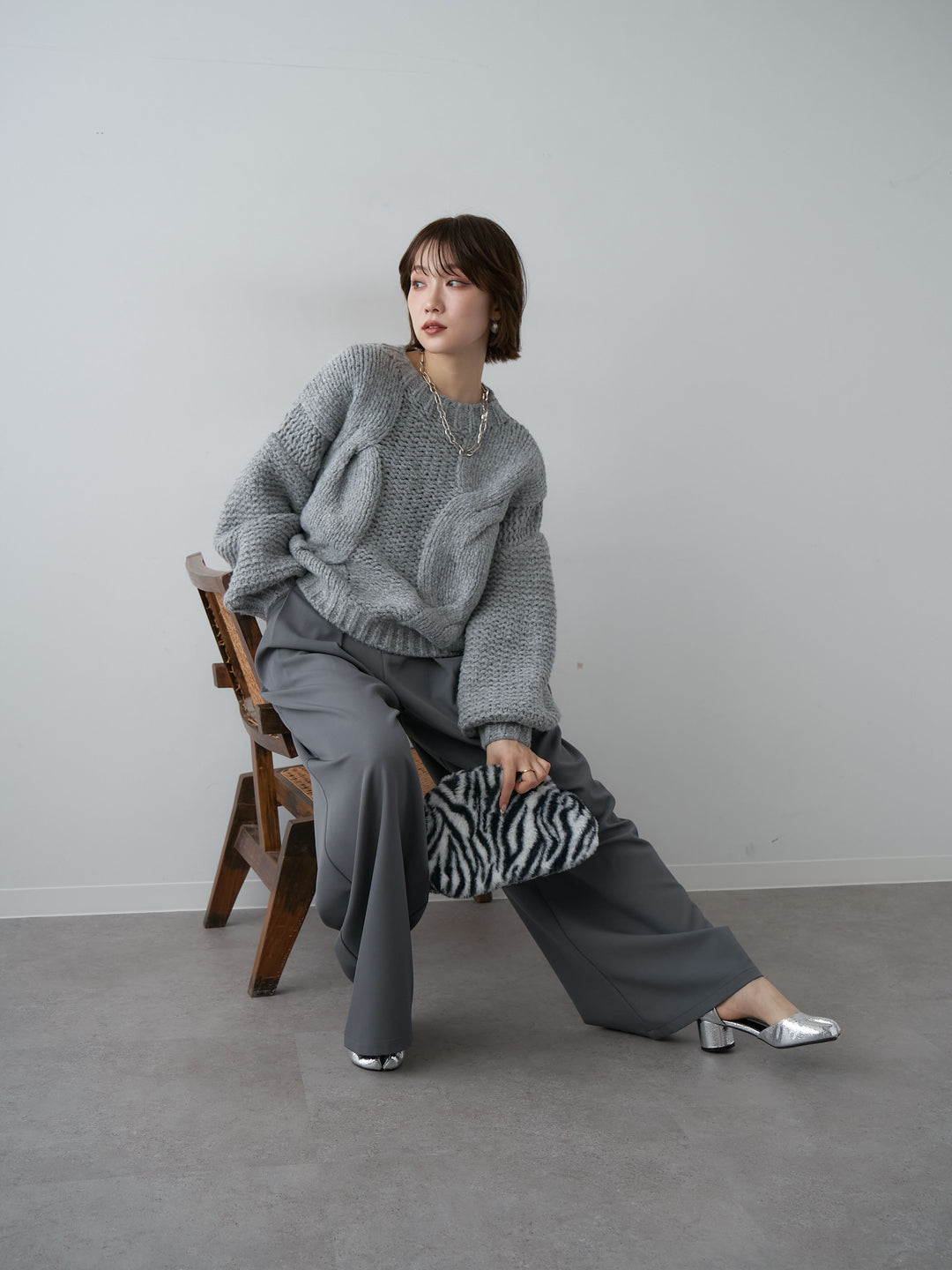 [予約]チャンキーケーブルニットトップス/gray