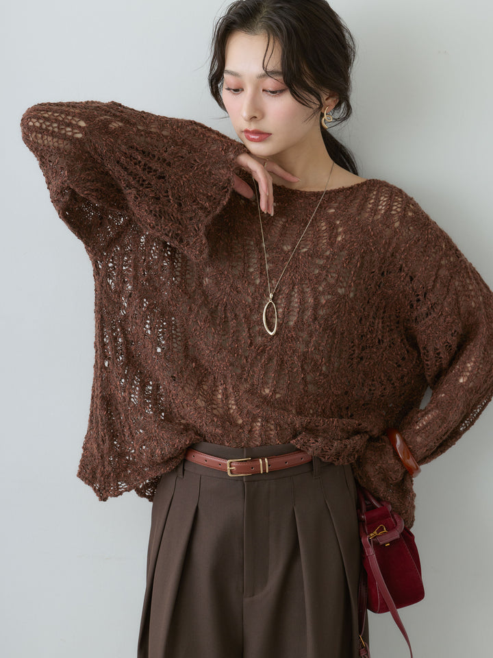 [予約]ミックスループ透かし編みニットトップス/brown