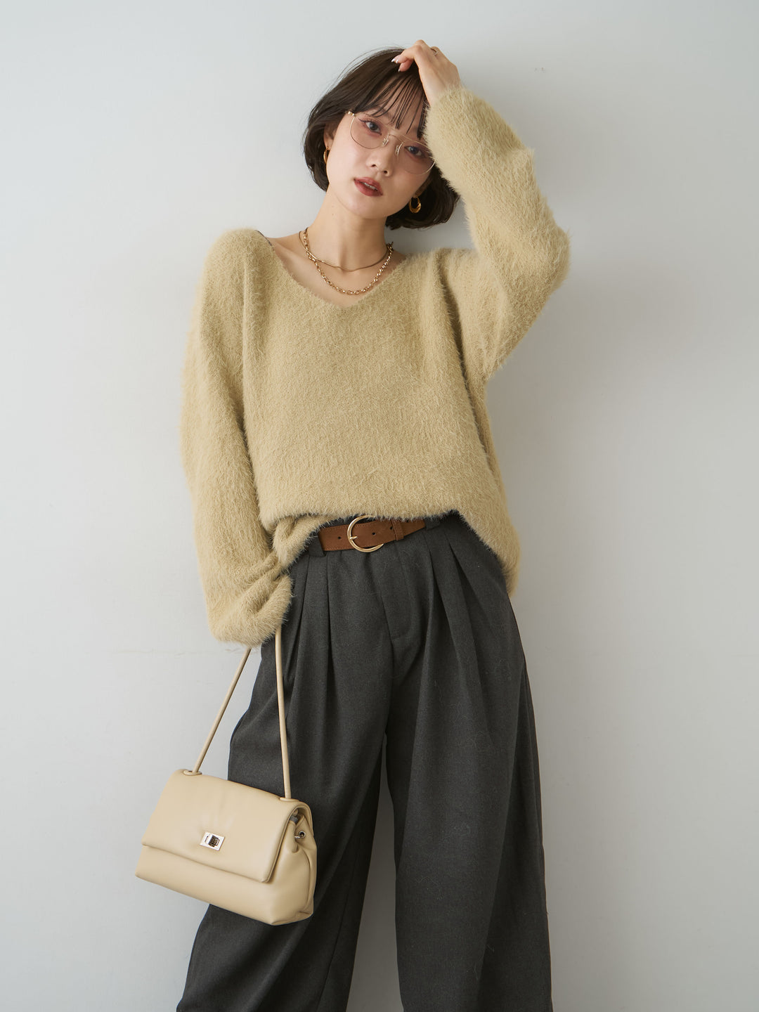 [予約]シャギーVネックニットトップス/beige