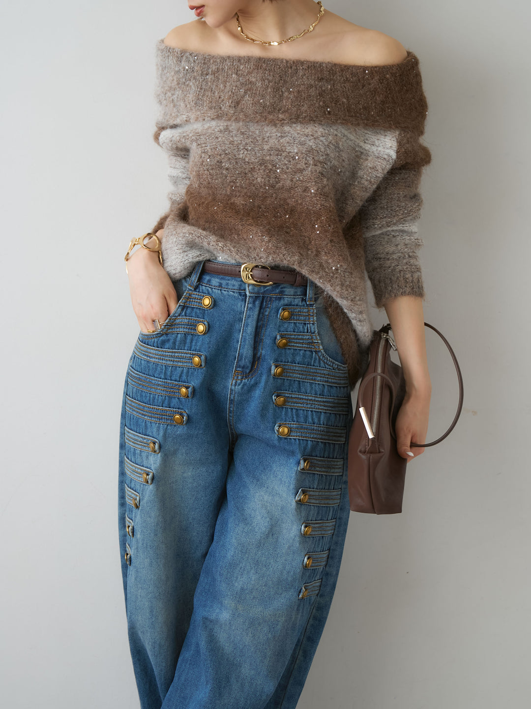 [予約]オフショルグラデーションニットトップス/brown