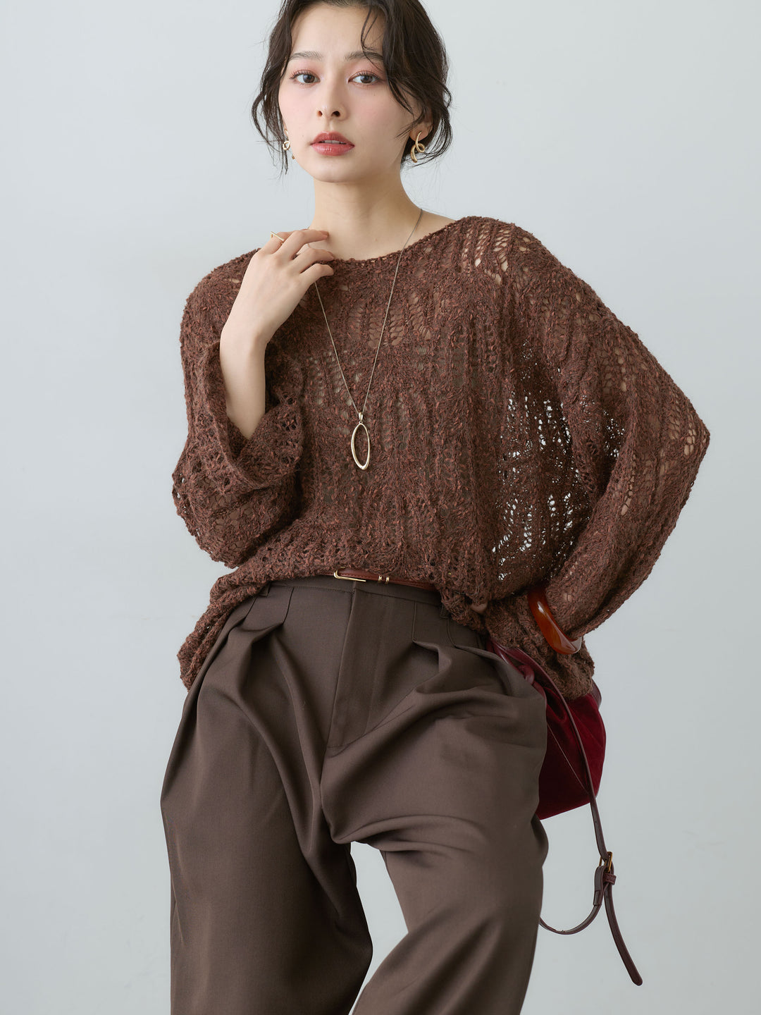 [予約]ミックスループ透かし編みニットトップス/brown