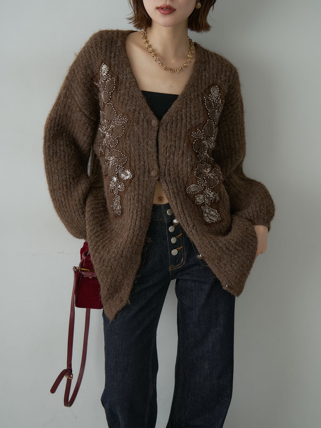 [予約]フローラルビーズニットロングカーディガン/brown