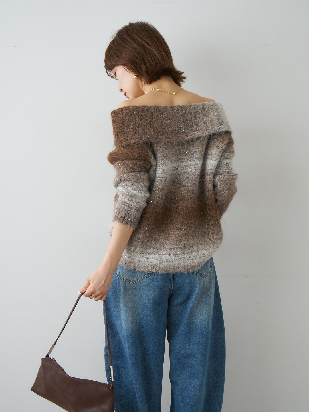 [予約]オフショルグラデーションニットトップス/brown