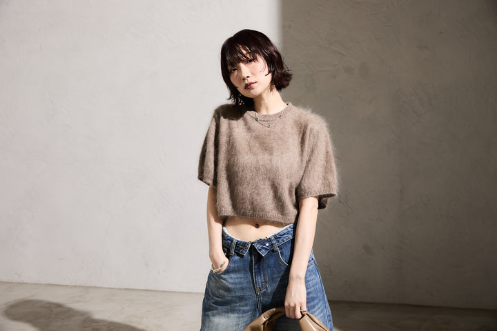 [予約]ウールシャギークロップドニットT/lightbrown
