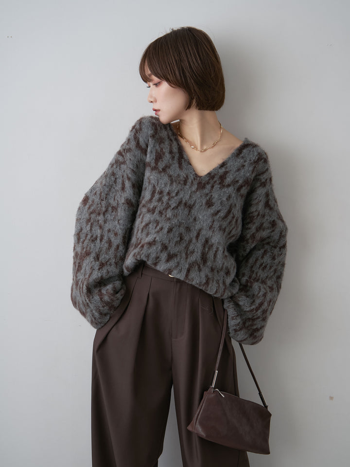 [SET]レオパードVネックシャギーニットトップス+ツイルタックワイドパンツ(2set)