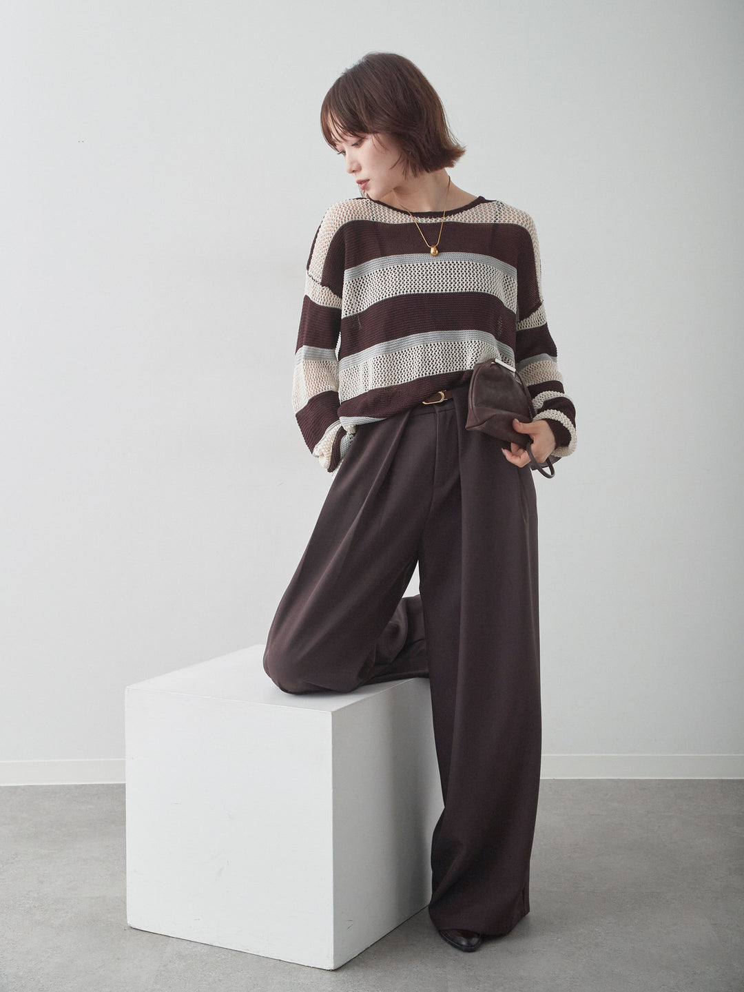 [予約]マルチボーダーメッシュニットトップス/brown