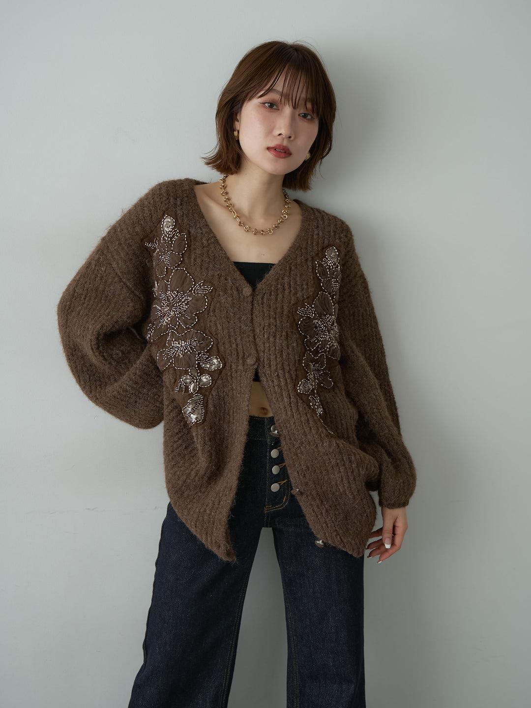 [予約]フローラルビーズニットロングカーディガン/brown
