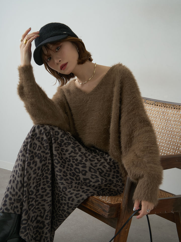[予約]バックリボンVネックシャギーニットトップス/brown