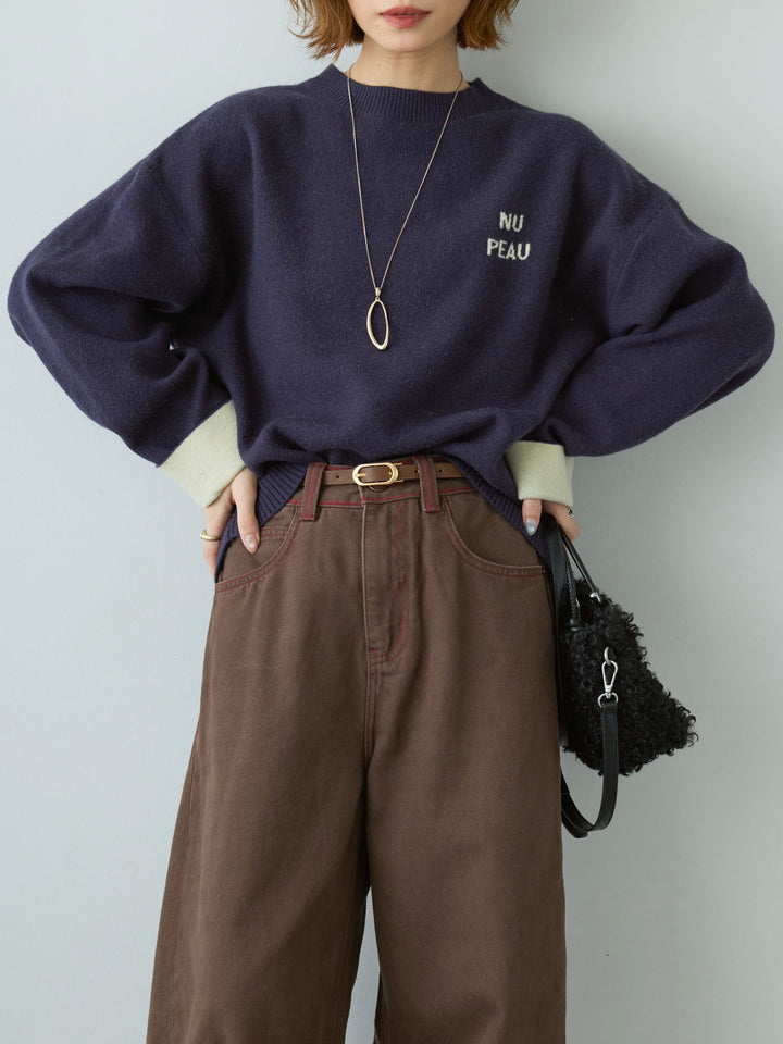 [予約]アルパカタッチバイカラーニットトップス/navy