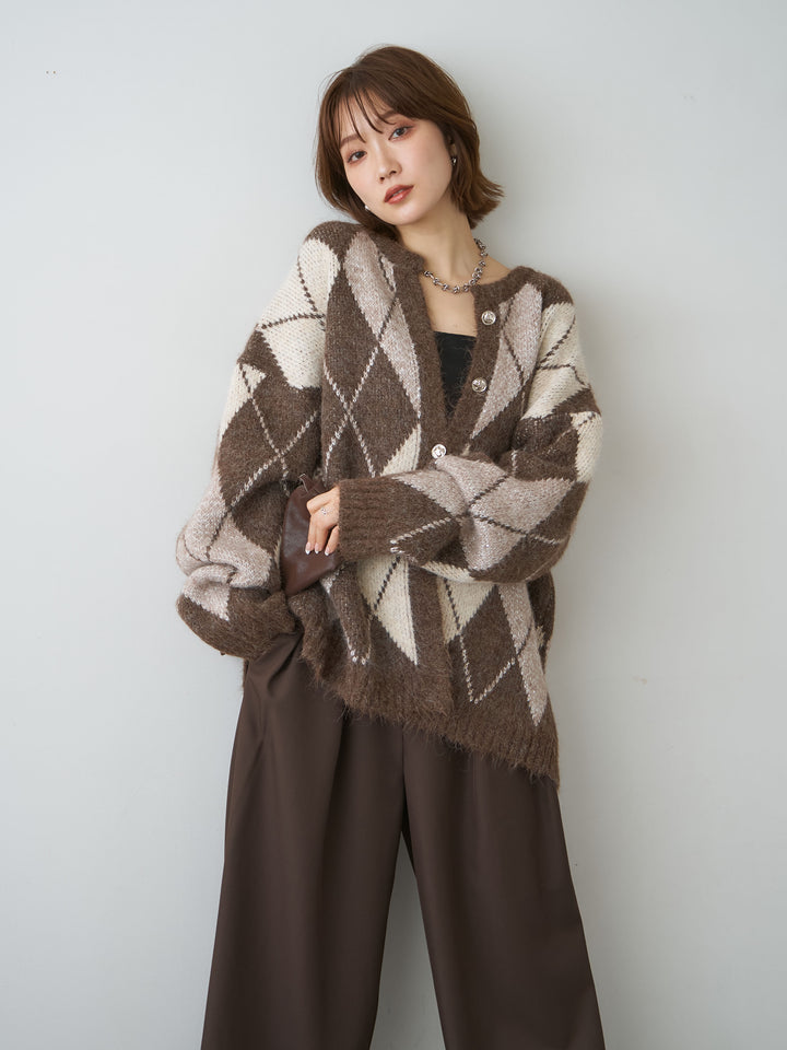 [予約]アーガイルスパンコールビッグニットカーディガン/brown