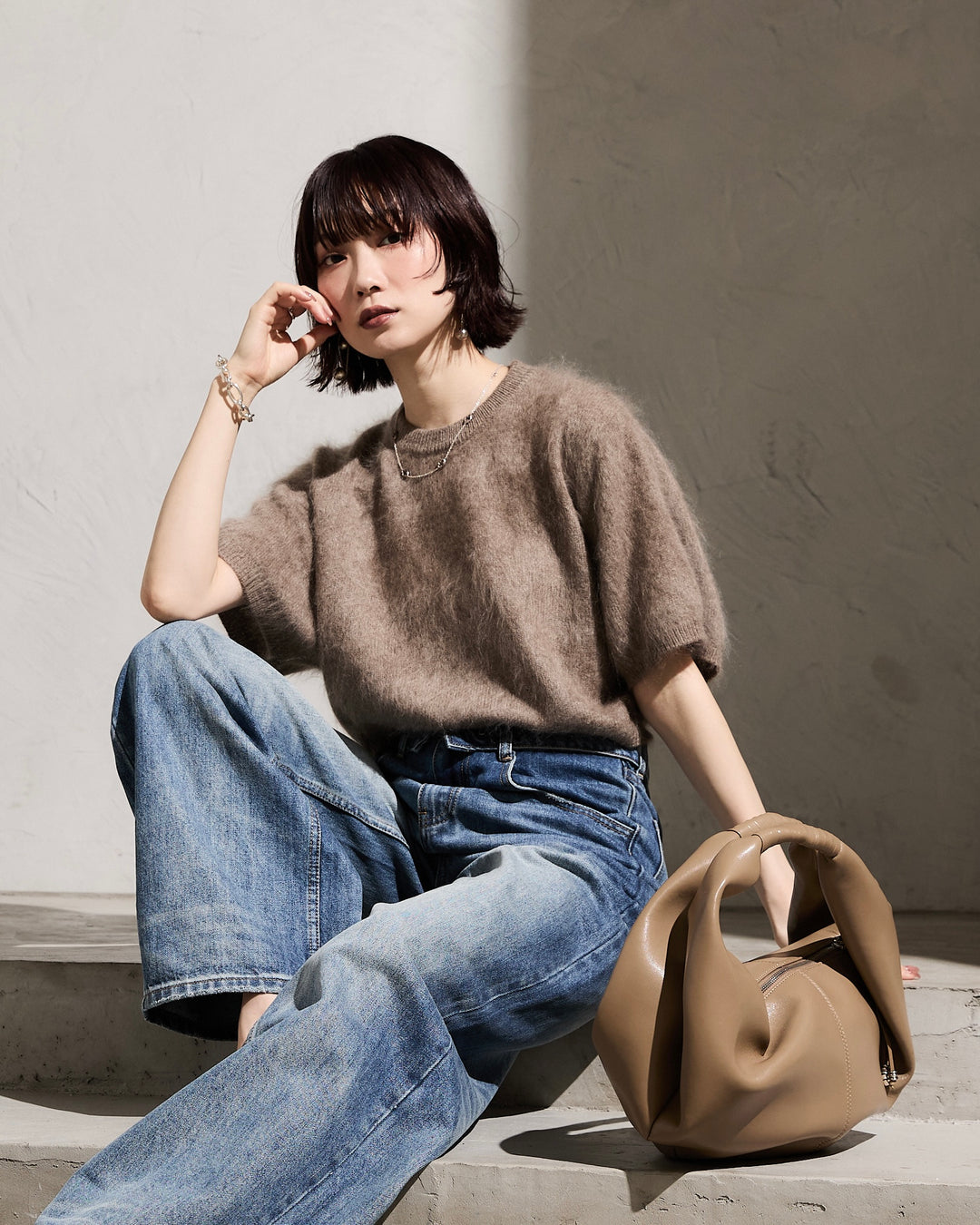 [予約]ウールシャギークロップドニットT/lightbrown