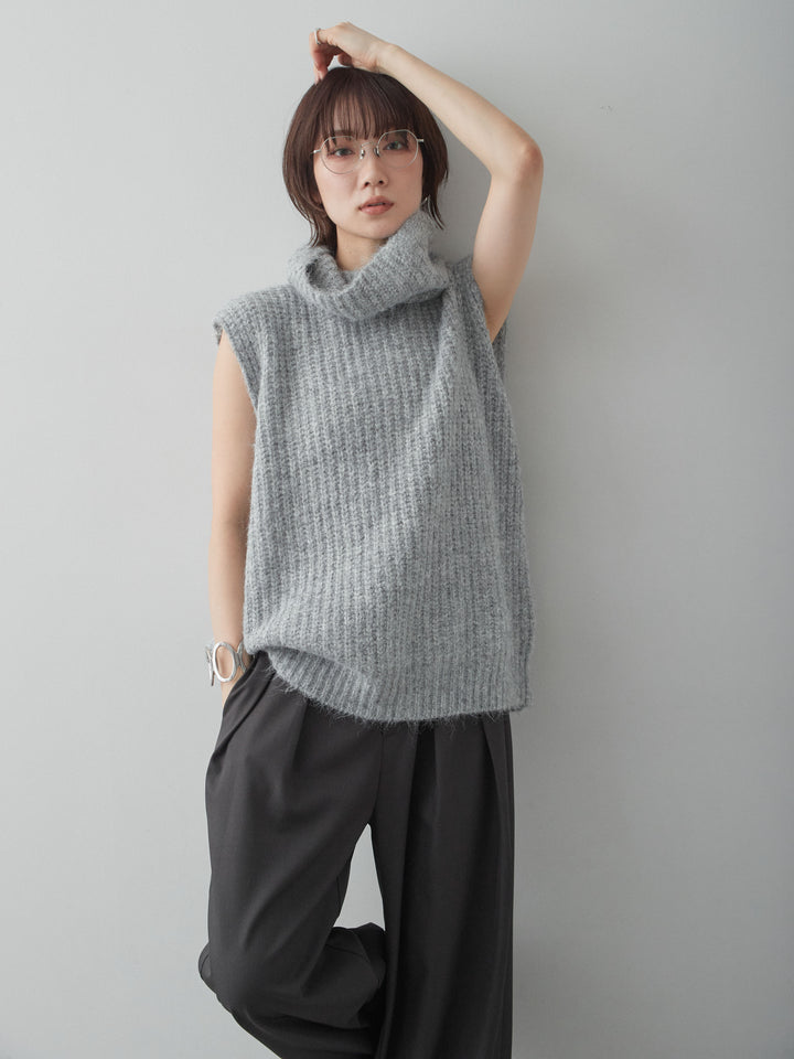 [SET]ハイネックシャギーオーバーニットベスト+ツイルタックワイドパンツ(2set)