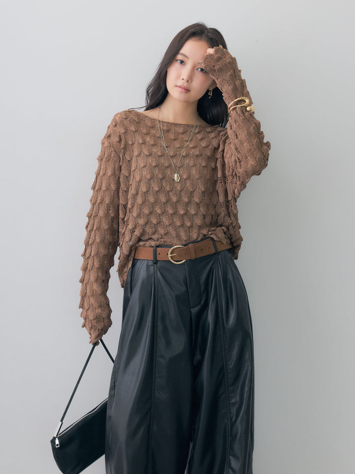 [SET]テクスチャードスカラップニットトップス+フェイクレザーワイドパンツ(2set)