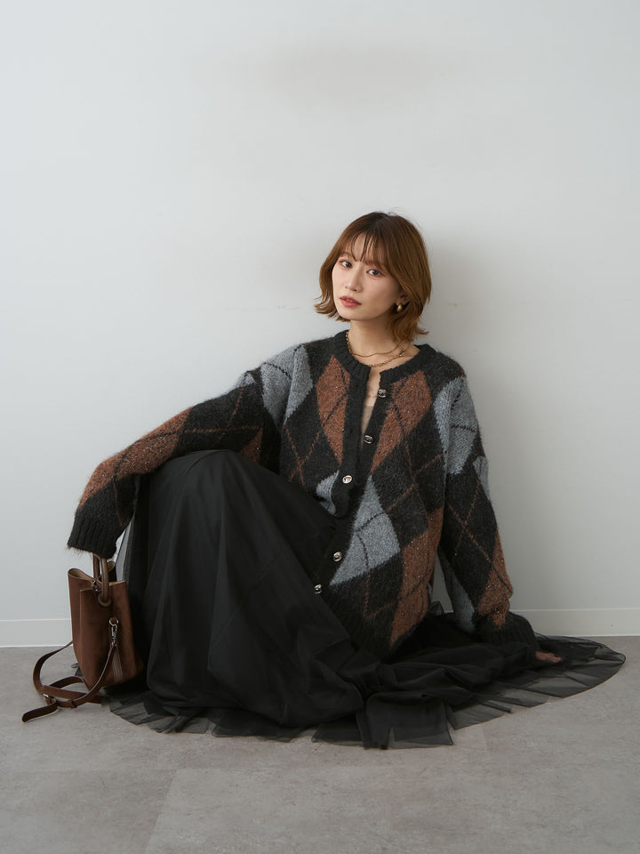 [予約]アーガイルスパンコールビッグニットカーディガン/black