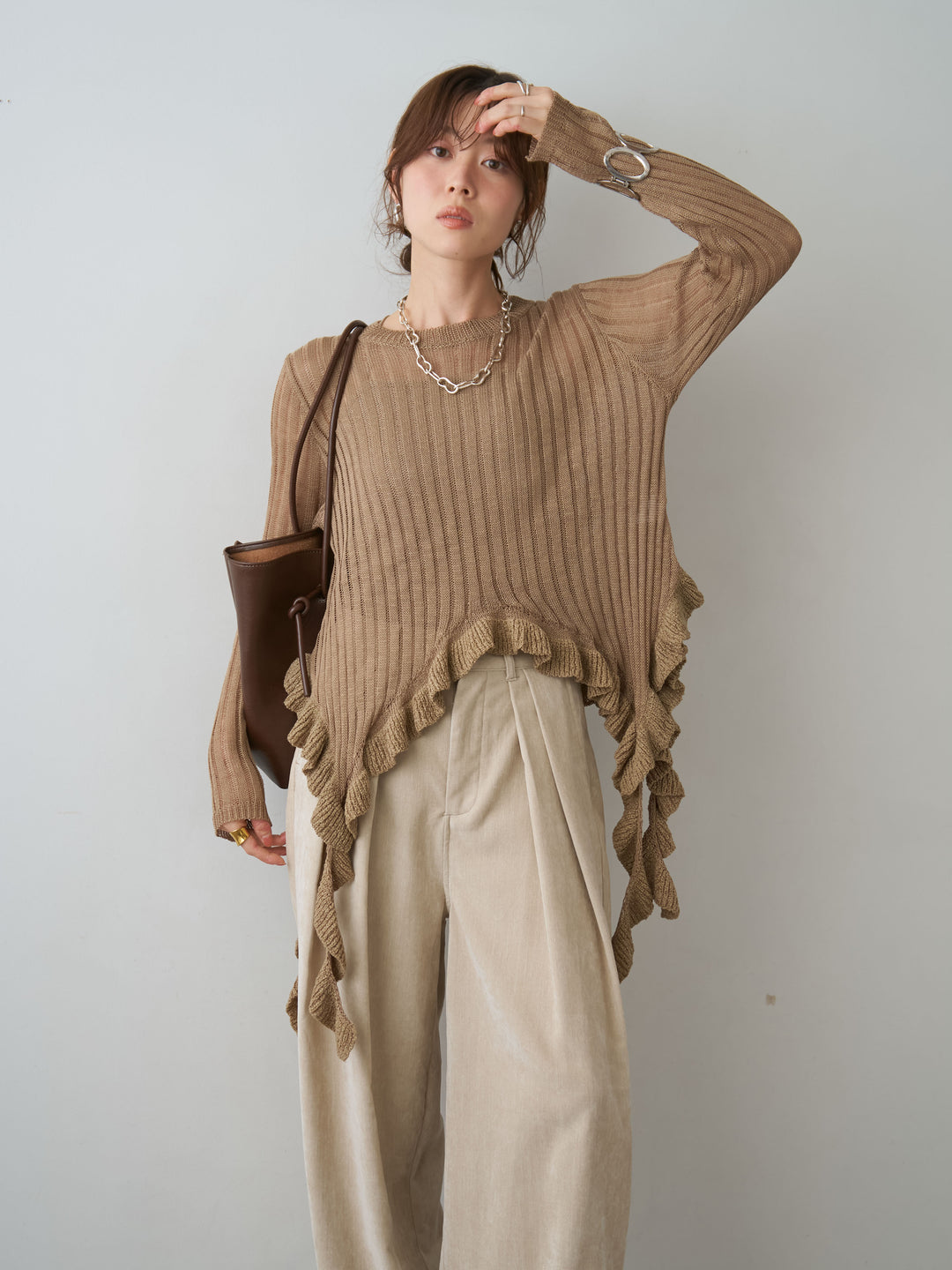 [予約]ヘムフリル透かし編みニットトップス/beige